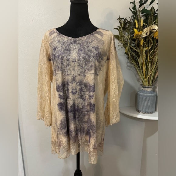 Frazzle Cream lace and Purple floral with rhinestones  Lined Blouse size Large - Picture 1 of 9